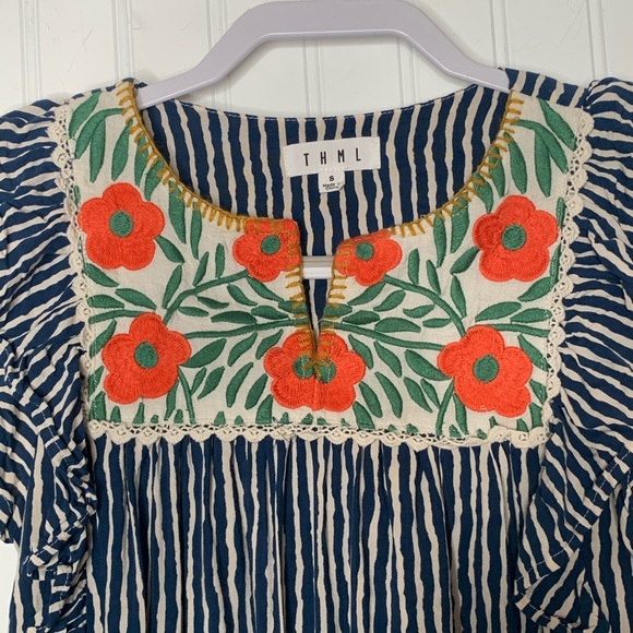 THML blue white striped embroidered short sleeve S - Picture 3 of 7